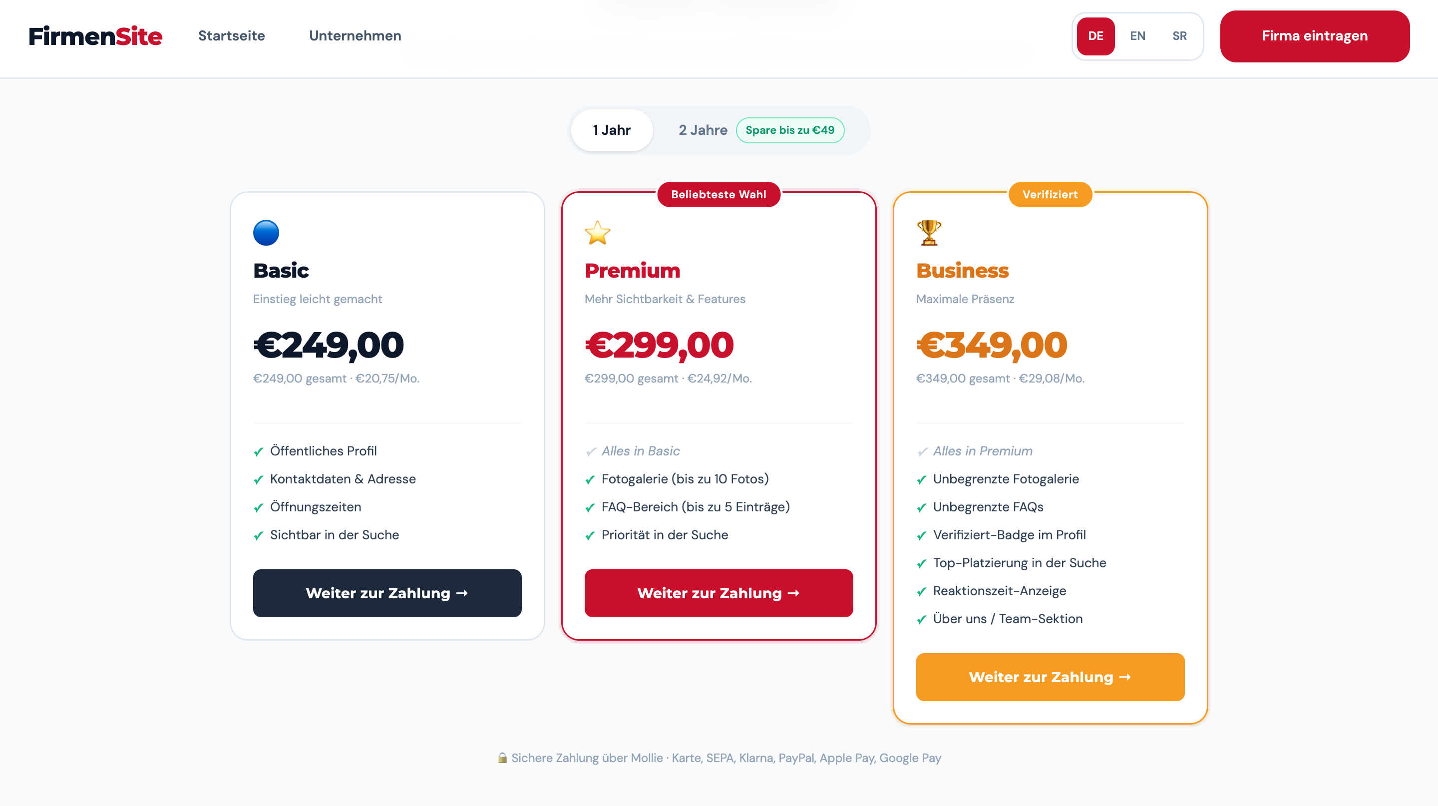 FirmenSite — payment plans