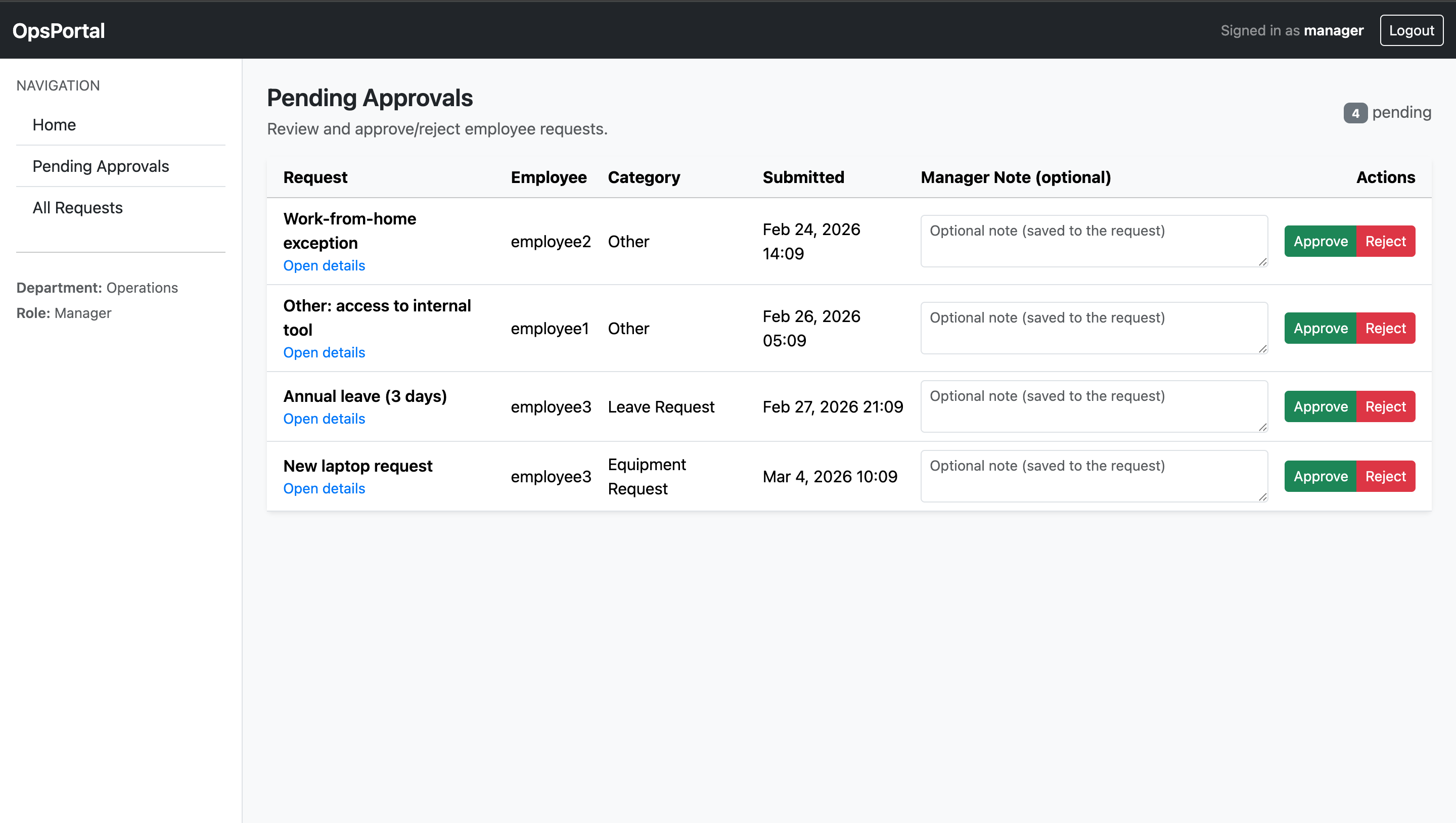 Operations portal — manager approval view