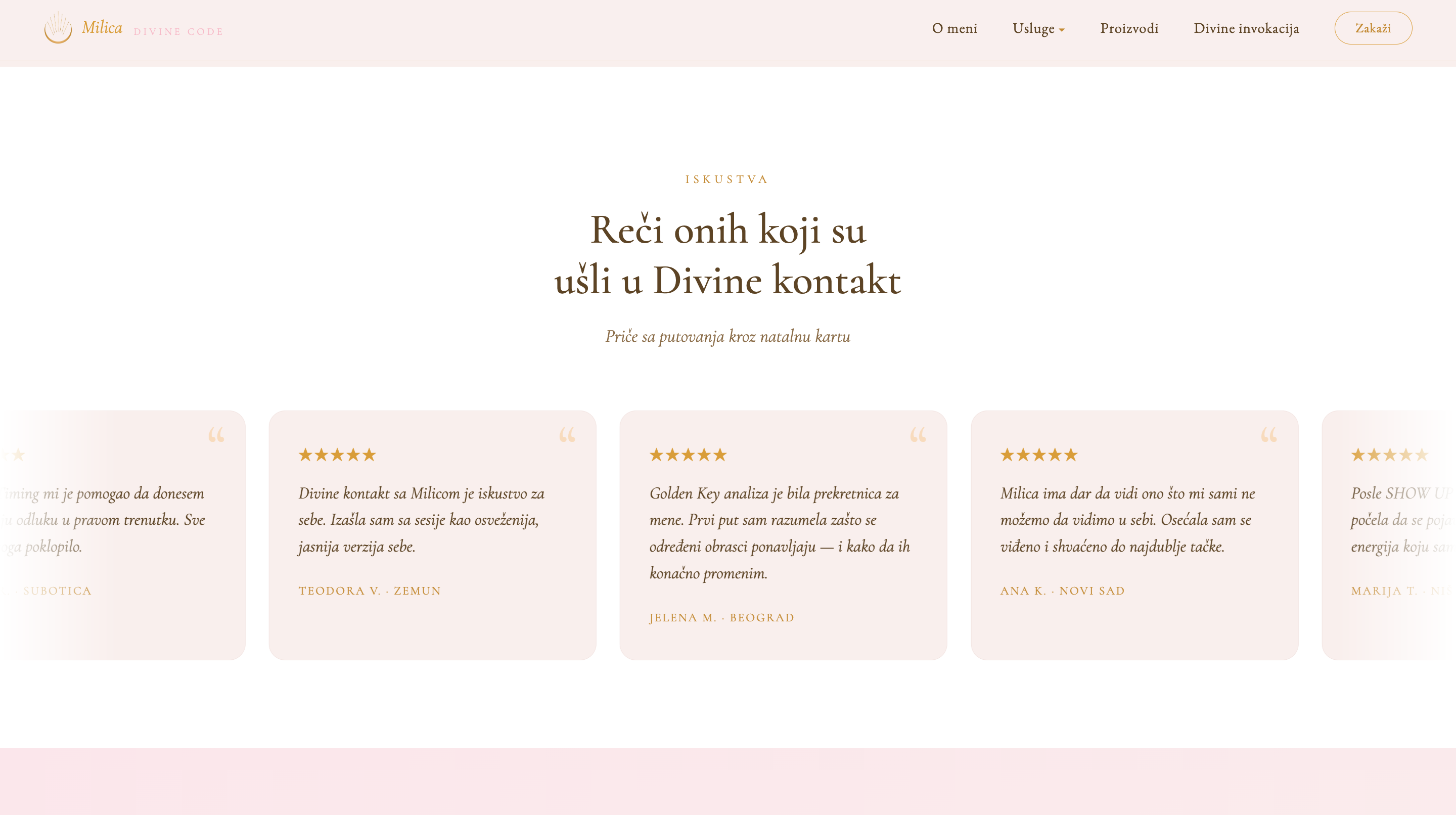 Milica Divine Code — testimonials section
