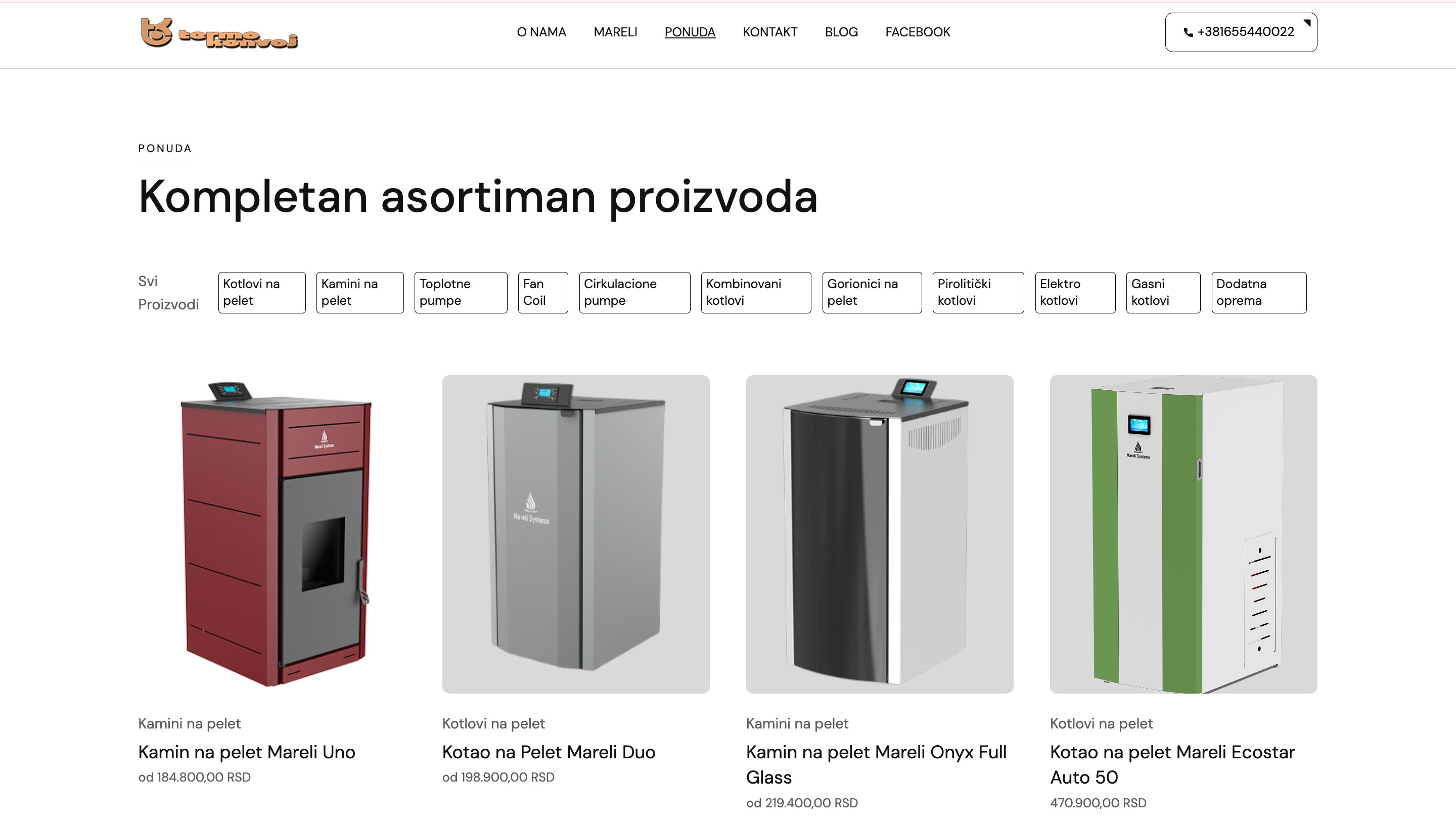 Termokonvoj website — product catalog with custom CMS filtering